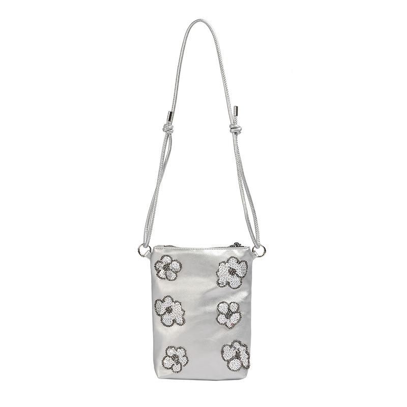 

Sequin Embroidery Flower Denim Small Bag, Women s Versatile Phone Bag, Single Shoulder Crossbody Bag, Children s Bag серебряный