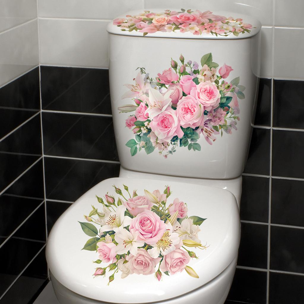 Pink Rose and Lily Self-Adhesive Decorative Bathroom Wall Stickers