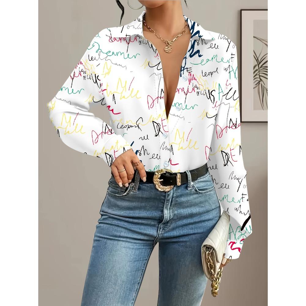 Ladies Elegant Long Sleeve Shirt - Color Letter Print, Single Breasted, Casual Chic Style