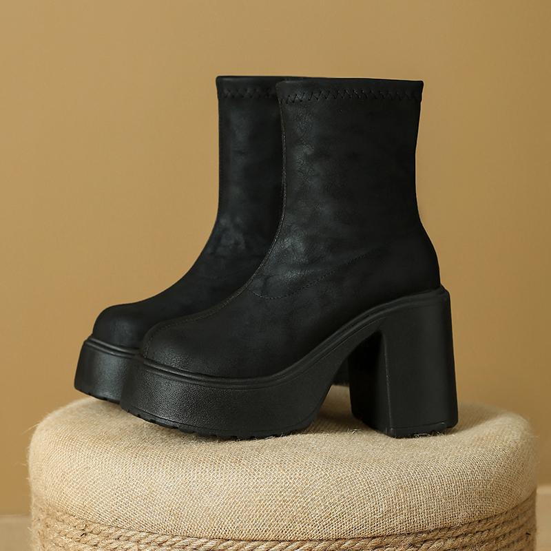 Block Heel Platform Skinny Elastic Boots European and American Retro Super High Heel Small Man Platform Hate Sky High Booties