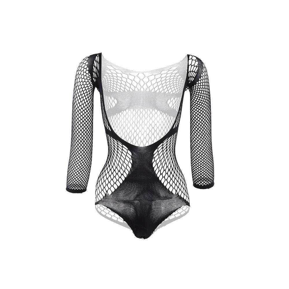 Men's Sexy One-Piece Elastic Lingerie Fishnet Gay Long-Sleeved Hip Tights V Neck Black Erotic Clothes