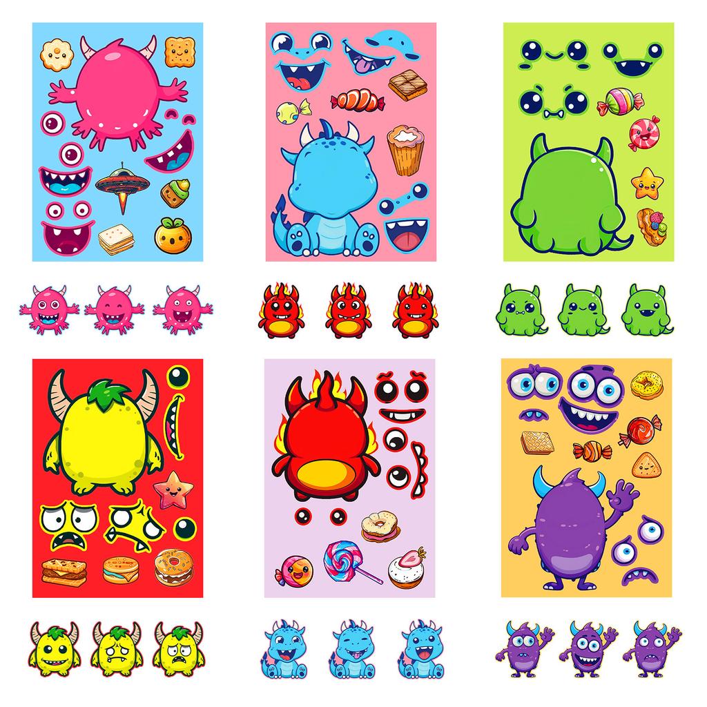 Boutique 6 Little Monster Diy Face Changing Puzzle Stickers Children'S Classroom Enlightenment Interactive Handmade Waterproof Stickers