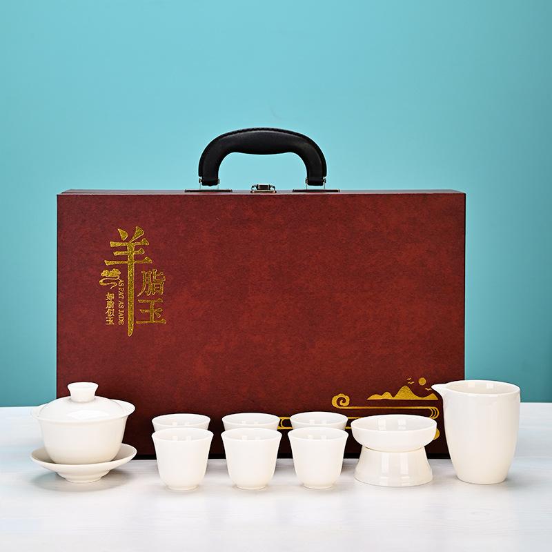 Dehua Suet Jade Porcelain Kung Fu Tea Set Gift Box, Thousands of Miles of Jiangshan, the Whole Set of Activities Accompanied by Hand Gifts