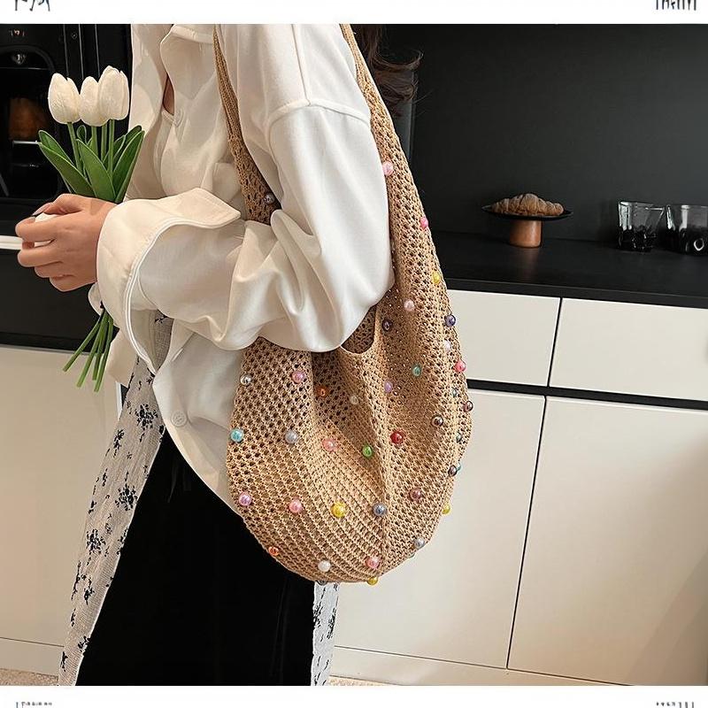 Hollow Out Single Shoulder Knitted Beach Bag Women's Colorful Large Capacity Tote for Seaside Holiday Pool Parties