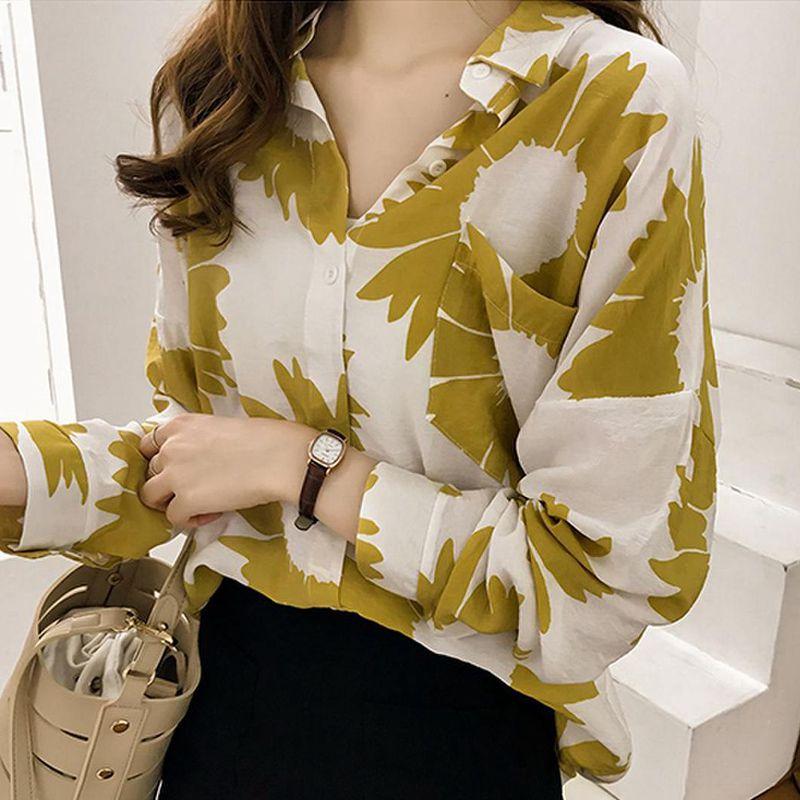 

Женская шифоновая свободная блузка с v-образным вырезом и темпераментным принтом, винтажные повседневные топы с длинными рукавами M