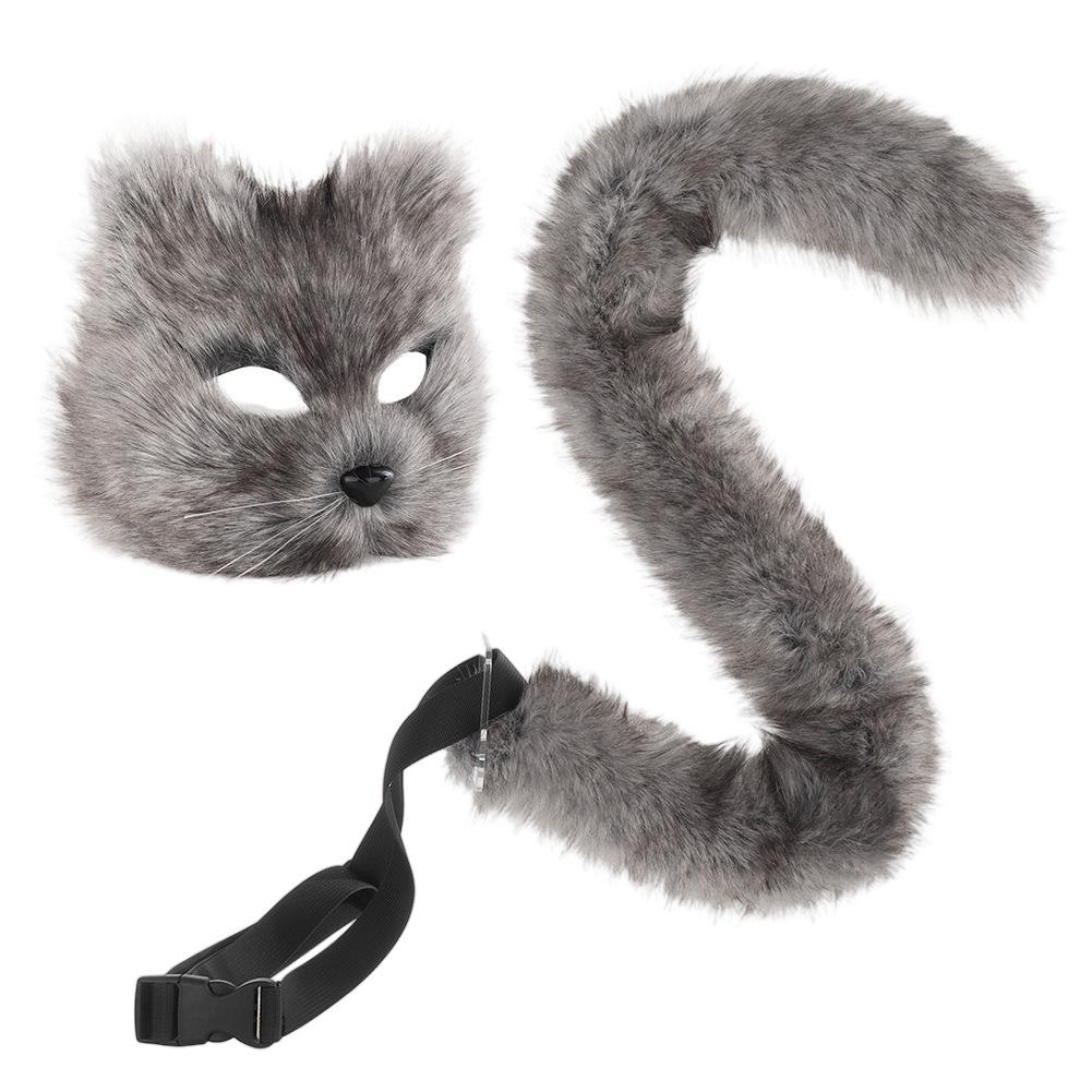 Plush, realistic, and adorable cat mask cos Catwoman mask set, including a small cat face mask and a tail prop