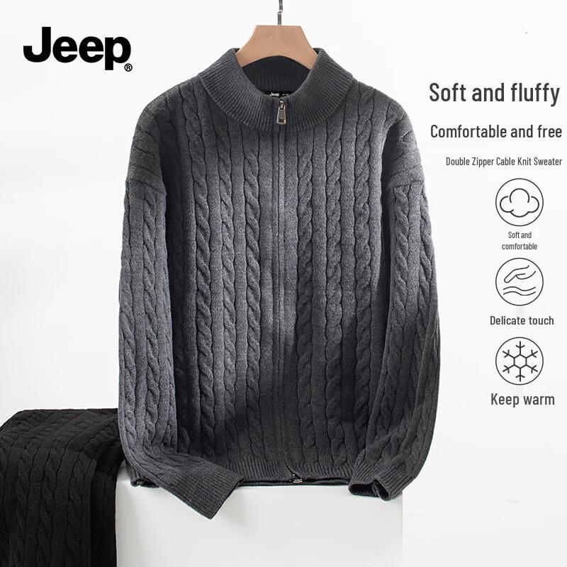 JEEP Men s Stand-Collar Double Zipper Cable Knit Cardigan Sweater M