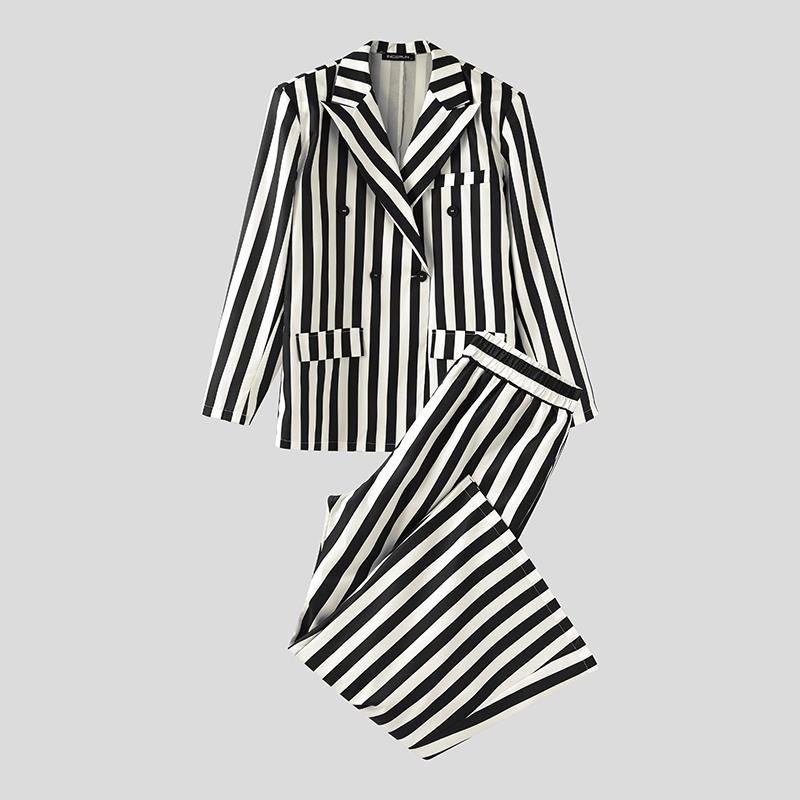 INCERUN Two Pieces Men Lapel Striped Long Sleeve Thin Blazer Long Flare Pants Sets