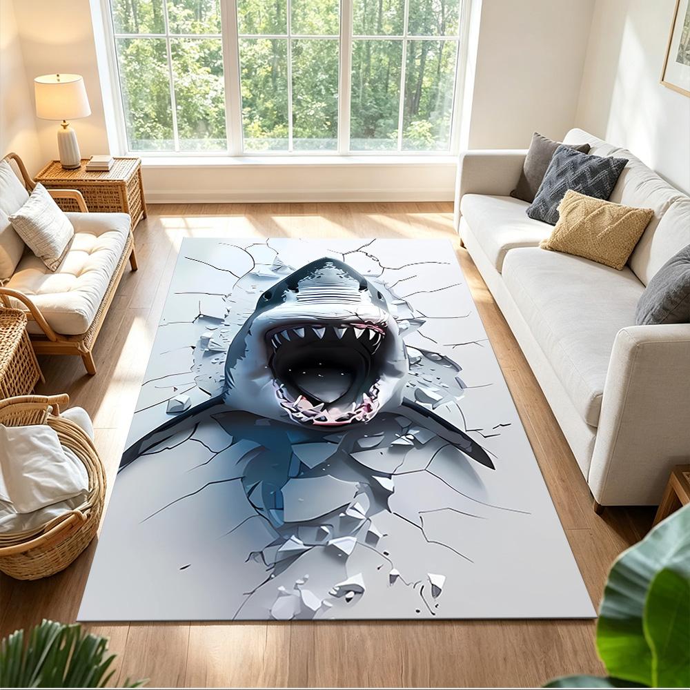 Shark Surface 2D Printed Floor Mat Shaggy Fabric Stain-resistant Surface Office & Lounge Rug Bohemian Boho Style Holiday Home Gift