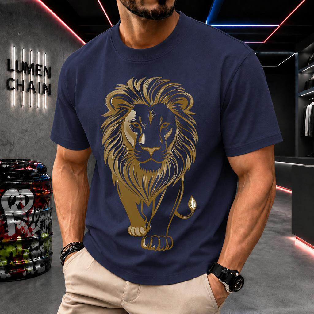 2026 New Pure Cotton Tshirt With Golden Majestic Lion Print Light Luxury Casual Trendy Wear