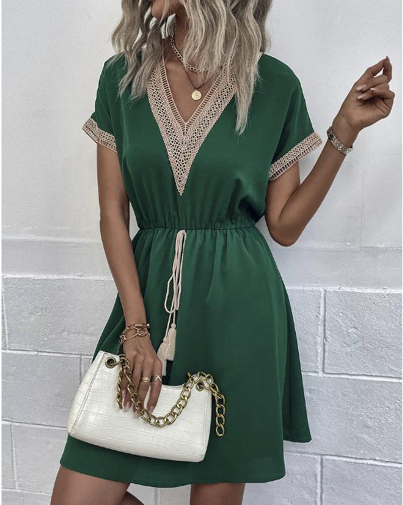 Spring/Summer Solid Color Lace V-Neck Dress with Short Sleeves