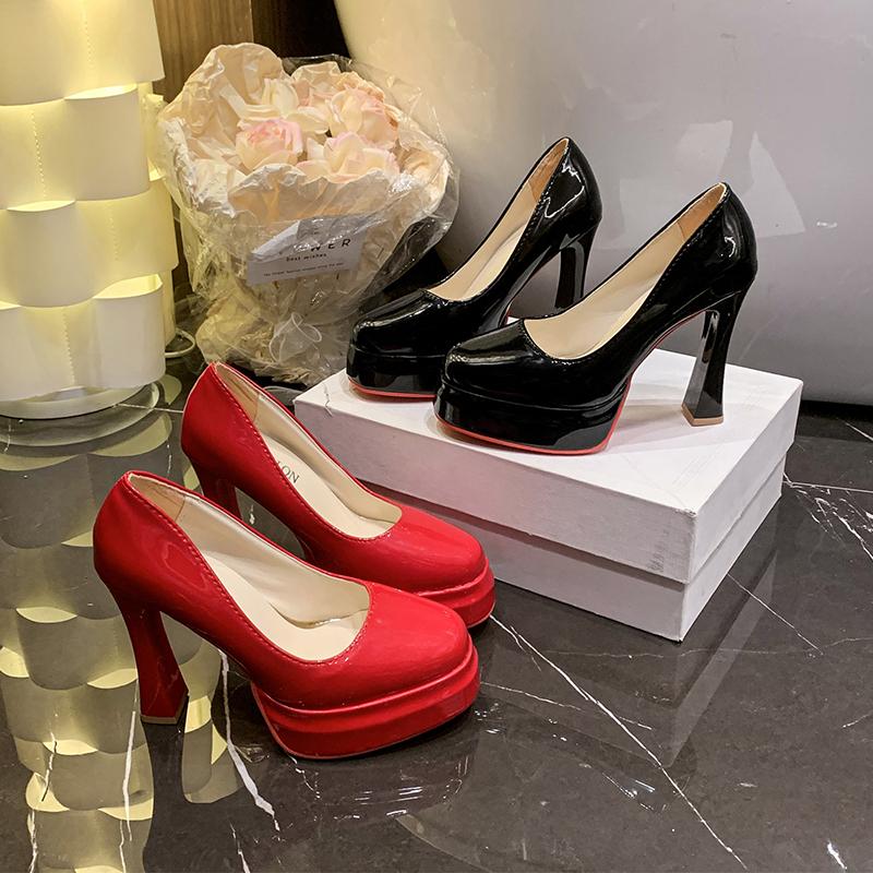 Fashion French High Heels Platform Single Shoes Women's New Patent Leather Block Heel Sexy