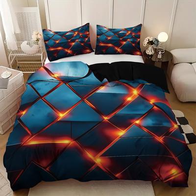 3pcs Black Bedding Set Grid Lava Surface 3D Printed Cozy Soft Duvet Cover King Queen Twin Size Birthday Gift Adult Bedroom Decor