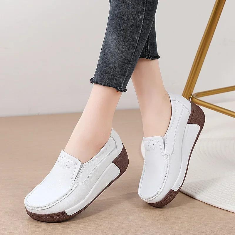 Spring and Summer Women Fashion Loafers Genuine Leather Moccasins Autumn Slip-on Casual Round Toe Wedge Platform Rocking Shoes