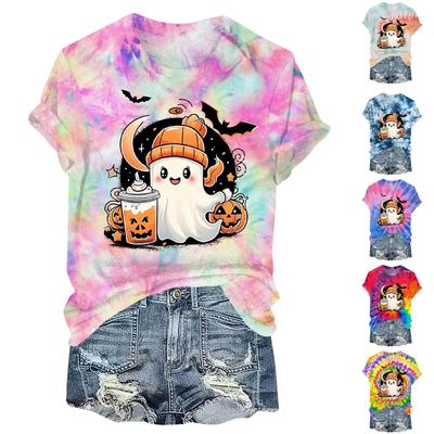 Camiseta feminina casual de manga curta com estampa de Halloween e gola redonda