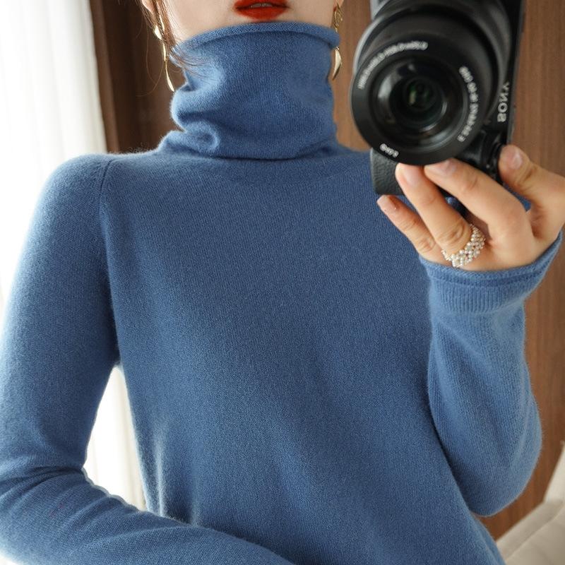 Women's Autumn Winter High Neck Long Sleeve Knit Sweater with Pile Collar Solid Color Loose Slim-Fit Base Layer