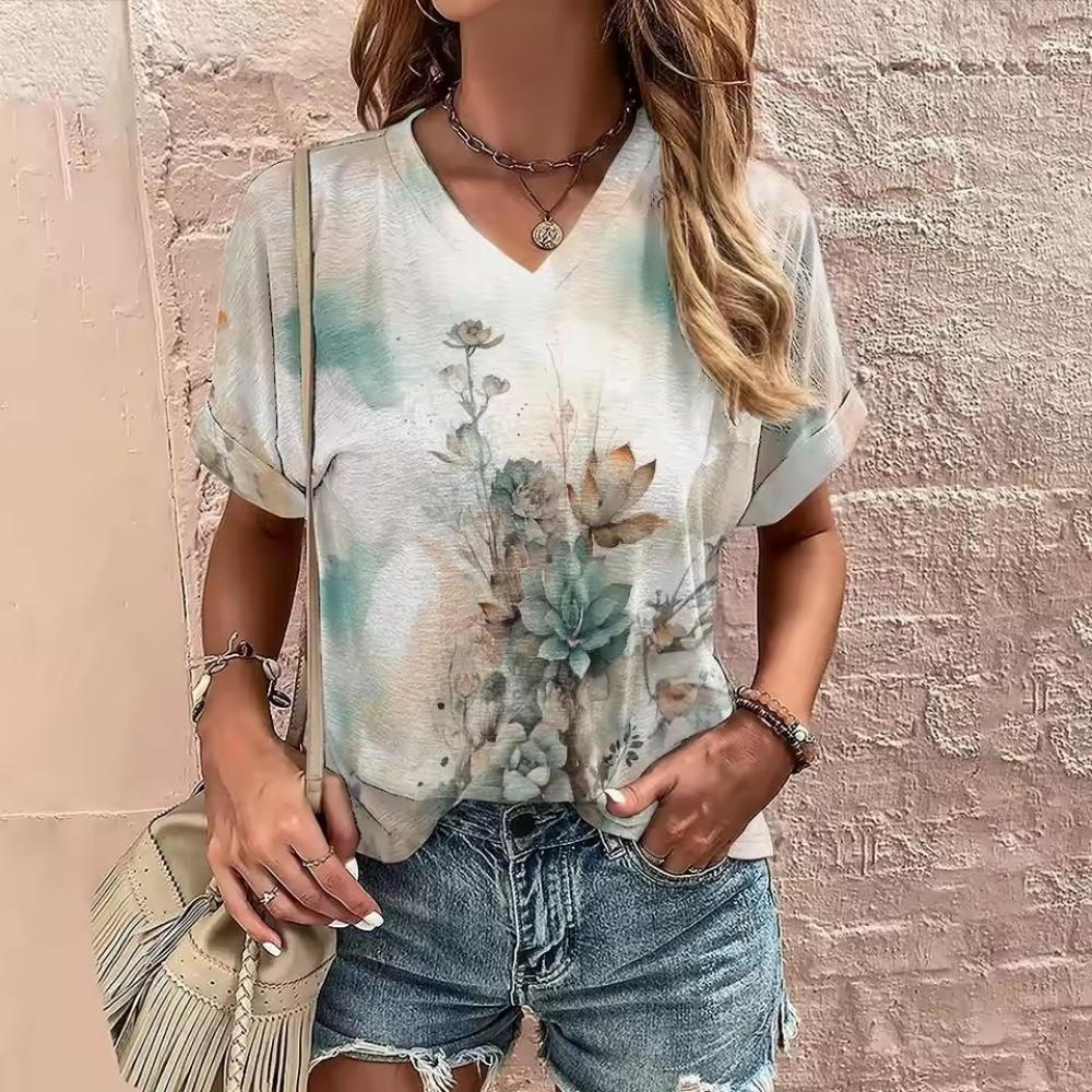 Women's Summer V-neck T-shirt Flower Printed Casual Tops Cubic Sleeve T Shirt Fashion Street Pullover OverSize Women's Clothing