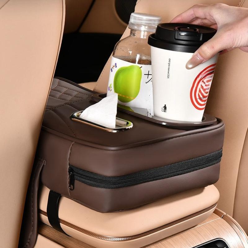 Auto-Armlehnenbox mit 2 Getränkehaltern, Taschentuchspender, Armlehne mit Aufbewahrungstasche, Auto-Leder, Höhenverstellung, Schutzabdeckung, Polster
