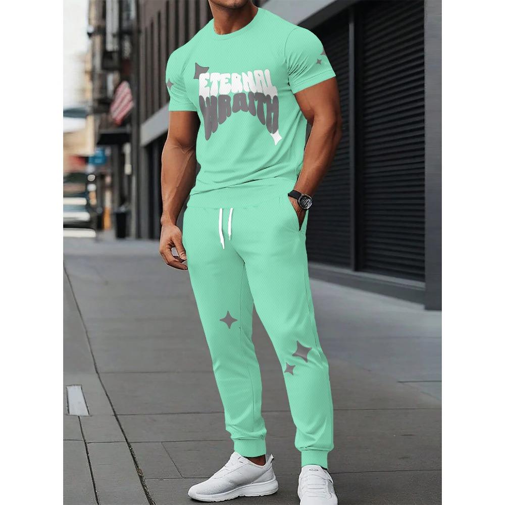 Summer New Men's Short-Sleeved Long Pants Set with 3D Letter Print - Street Casual Fashionable and Comfortable