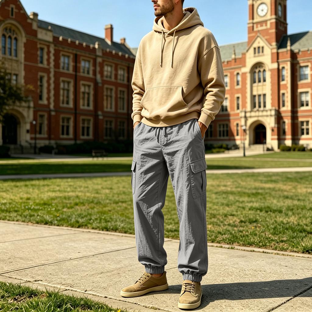 Men's Lightweight Cotton Linen Cargo Pants Loose Fit Multi Pocket Jogger Style Elastic Waistband Drawstring Adjustable Ankle Cuffs