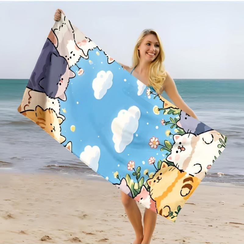 

1pc Cute Cat Print Beach Towel - Soft, Absorbent & Lightweight Microfiber with Vibrant Cartoon Cat Design, Hand/Machine Washable W30*H60(CM)