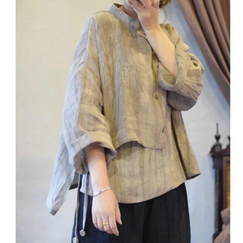 Johnature Nieregularna koszula z lnianym kołnierzykiem w stylu vintage, jesień, kobieta, nowa, zniszczona, luźna, jednokolorowa, swobodna koszula