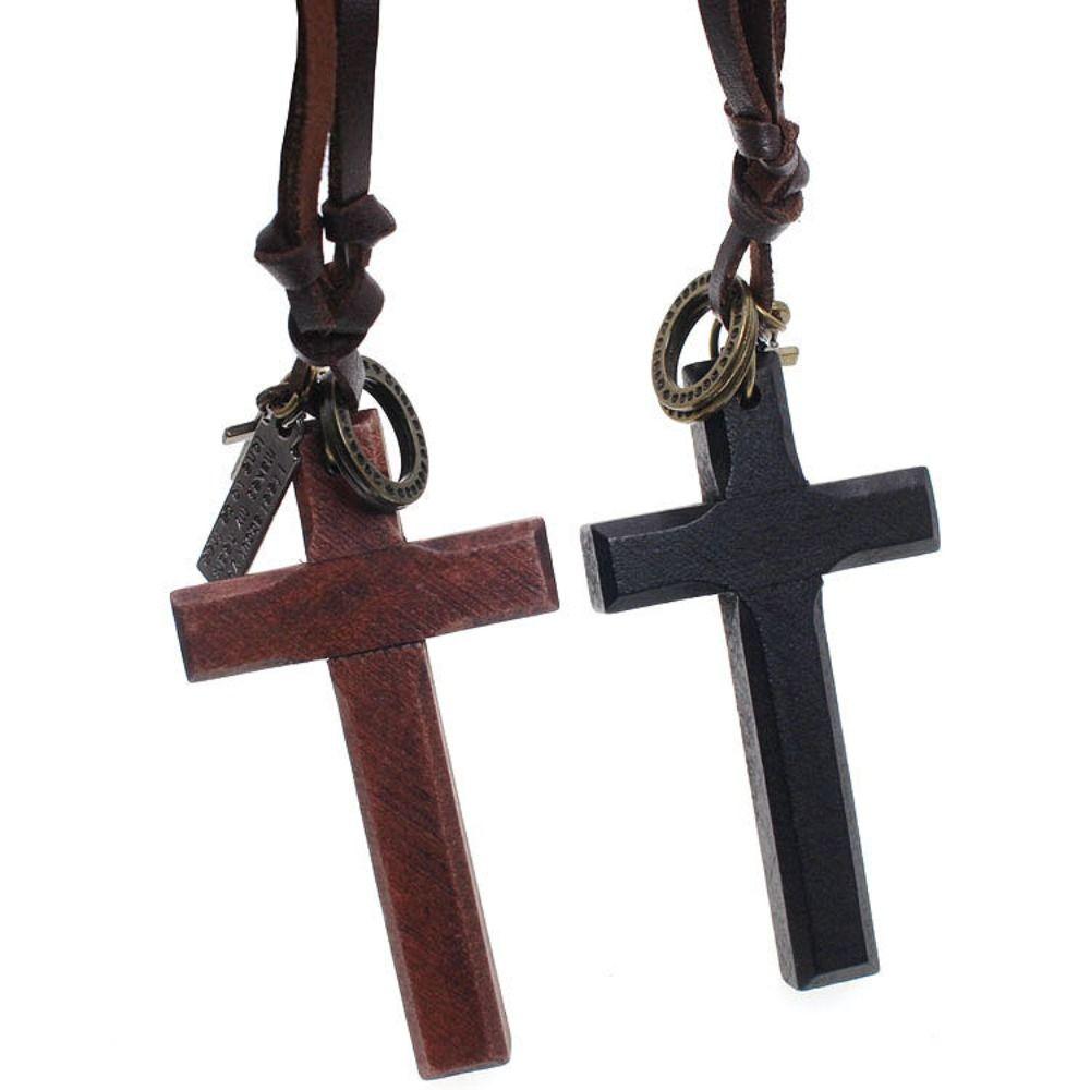 Religious Handmade Cross Necklace Metal Tags Crucifix Pendant Chain Wood Cross Necklace  Church
