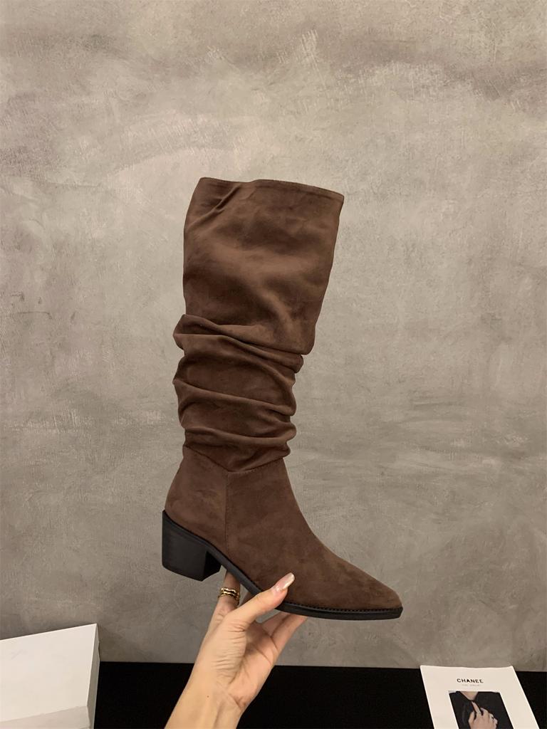 Pointed toe high heels khaki stacked boots boots women's shoes 2025 new spring, autumn and winter skinny long knight boots