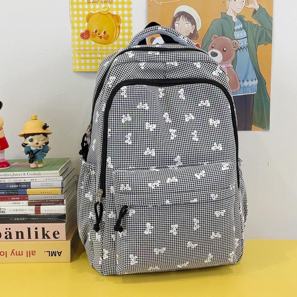 Schoolbag1011 New Plaid Printed Bow for Junior High School Girls, Versatile Large-capacity Lightweight Campus Solid-color Backpack