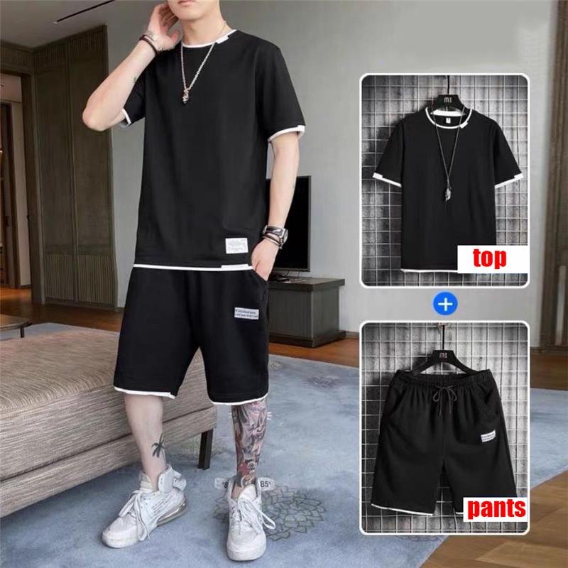 Men Two-piece Sets Sport Style Fashion Short-sleeved T-shirt Suit and Knee Length Short Pants Plus Size Men Clothing