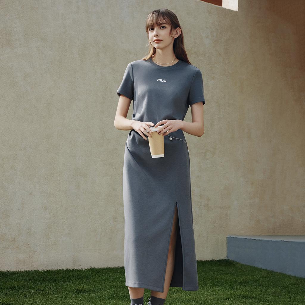 FILA Original Split Goddess Skirt III Fashion Simple Classic Retro Elegant Relaxed Casual Versatile Comfortable Short Sleeve Dress F51W629304FGY