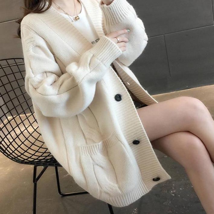 Höst Vinter Dammode V-krage Stickad tröja Dam Lös kofta Tröjor Dam 5 Färg Stor fickstickad Jacka Damjacka