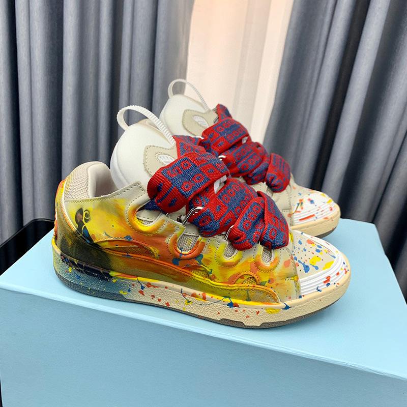 New Women Men Unisex Casual Shoes Sneakers Round Toe Lace Up Fashion Design Colorful Print Mixed Color Street Style Sport Shoes