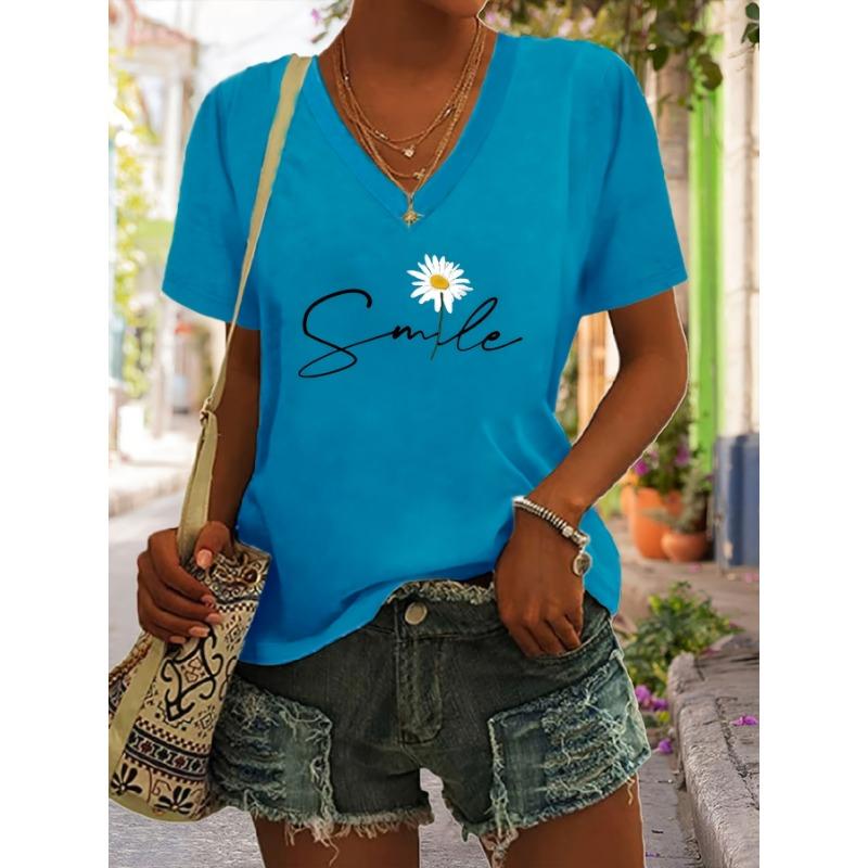 Smiling daisy print women s short sleeved V-neck T-shirt for women S