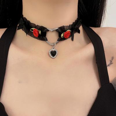 Girocollo da donna Nero Bianco Pizzo trasparente Metallo Amore Cuore Piccoli fiori Bowknot Sexy elegante