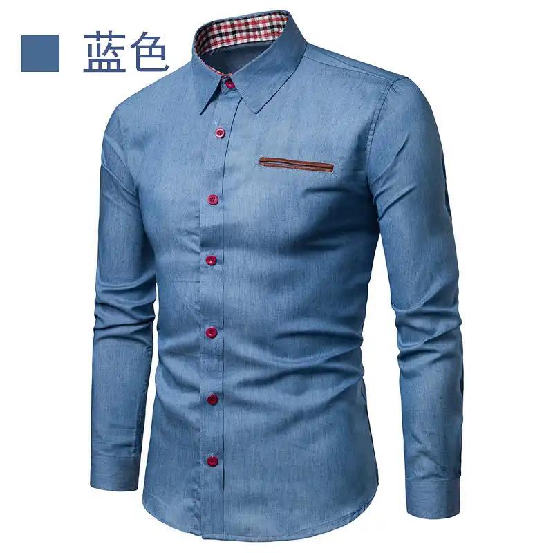 

Мужская рубашка с длинным рукавом в синем денимовом стиле, для business casual M синий