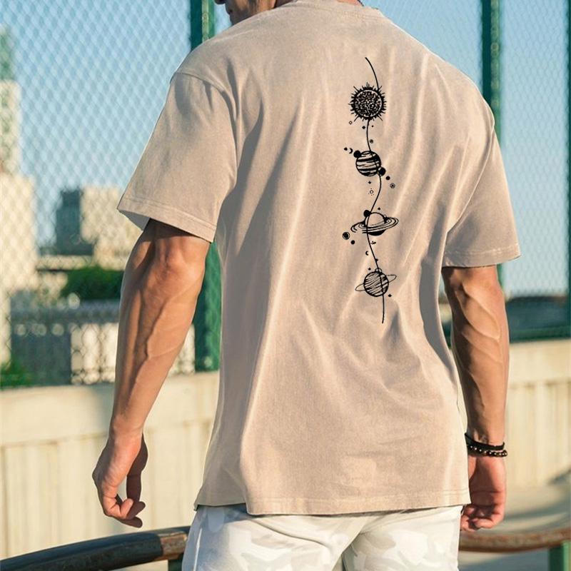 Men's 100% Pure Cotton Summer Loose Size Planet Graphic Design Print Casual Comfortable Round Neck Short Sleeved T-shirt Top