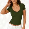 Camisas de Primavera para Mujer Manga Corta Cuello en V Tejido de Canalé Camisas de Verano para Mujer Casual Ajuste Delgado Camisetas de Verano para Mujer Tops Elegantes para Mujer