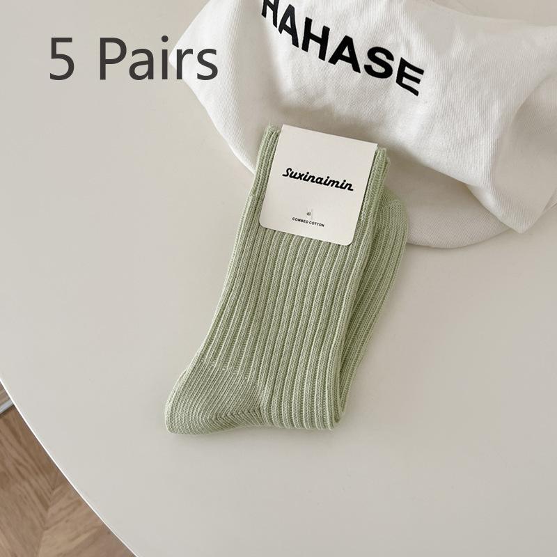 5 Pairs of Women's Spring and Autumn Versatile Slimming Vertical Striped Mid Top Stack Socks