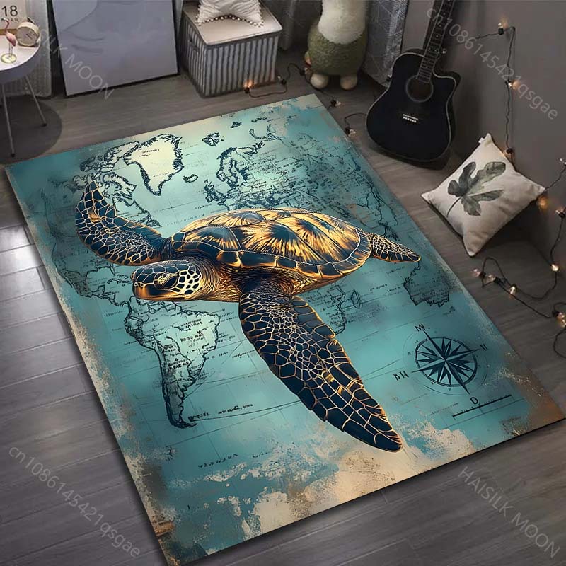 Vintage Turtle Map Print Carpet for Living Room Bedroom Bedside Sofa Floor Mat Modern Home Decor Area Rug Machine Wash