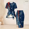 Women Plus Size Navy Blue Red Printed Round Neck Short Sleeve Tie Waist Top Fitted Skirt Two Piece Set