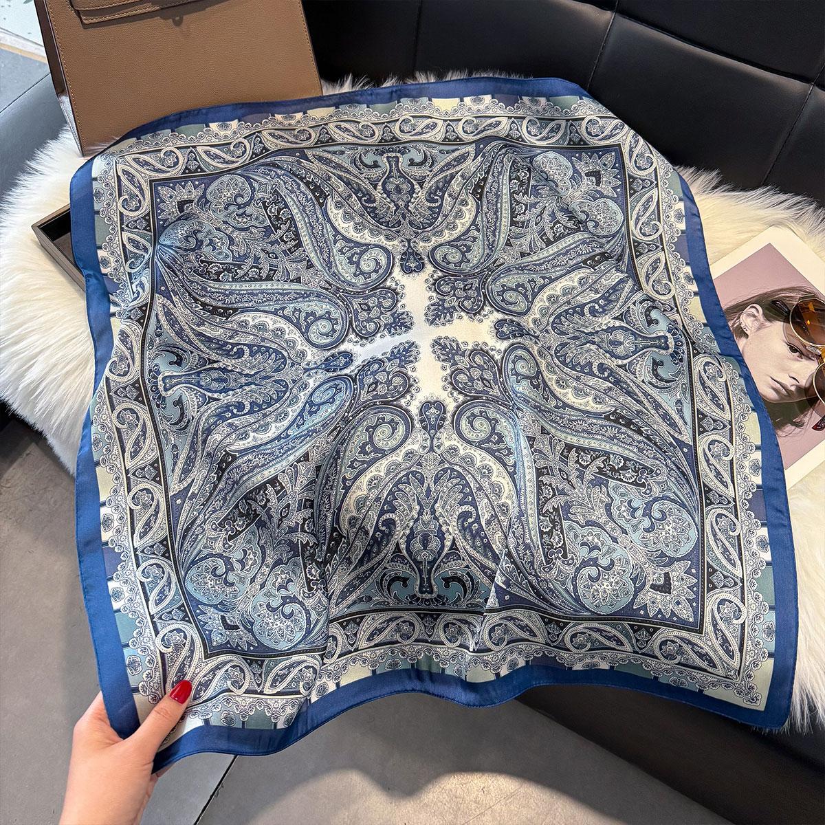 

Spring and Autumn NEW Paisley Square Scarf Women Satin Shawl Wrap Hijab Female Hair Luxury Headkerchief Sun Protection Bandana синий