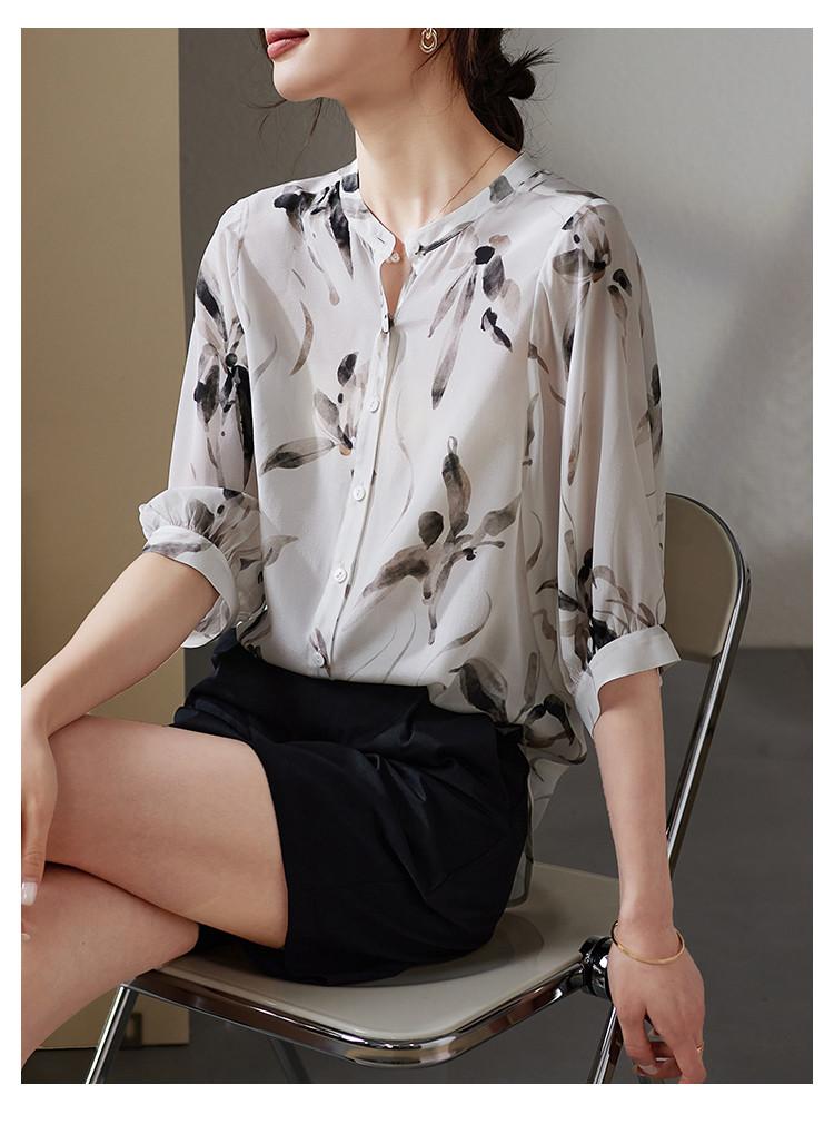 100% mulberry silk printed shirt for women's summer commuting in 2026, versatile round neck seven quarter sleeved silk shirt