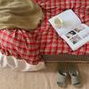 INS Girls Retro Red Grid Bedding Sets  New Lace Bed Sheet Set Women Plaid Queen Size Duvet Cover Sets With Pillowcases