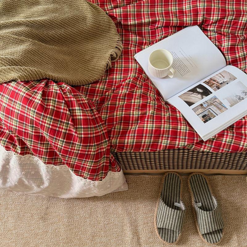 INS Girls Retro Red Grid Bedding Sets  New Lace Bed Sheet Set Women Plaid Queen Size Duvet Cover Sets With Pillowcases