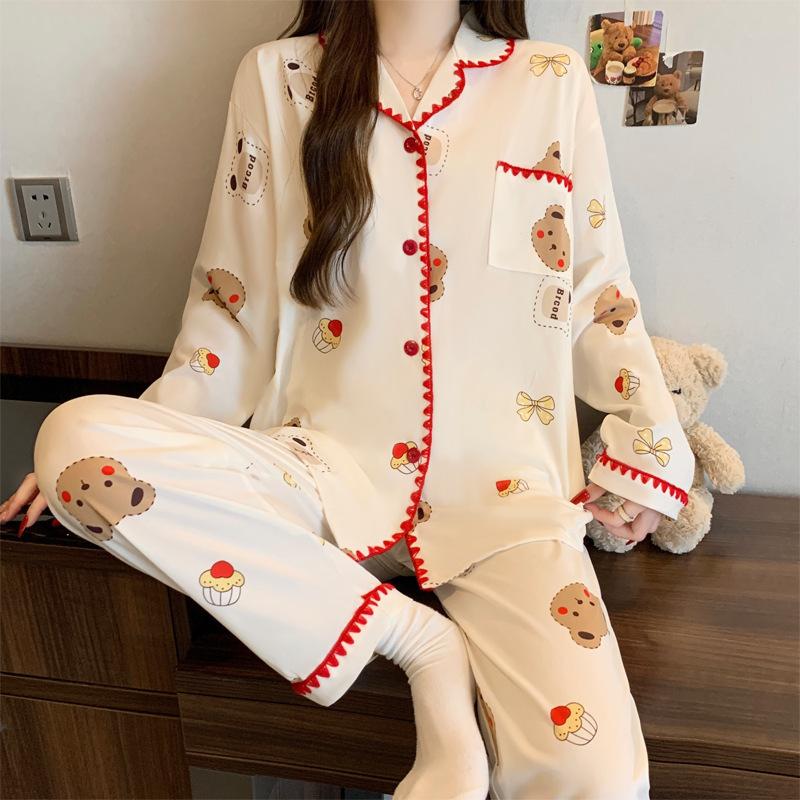 Roter gepunkteter Pyjama Damen High-End Frühling und Herbst Cartoon Muschel bestickter Rand Langarm Loungewear Set