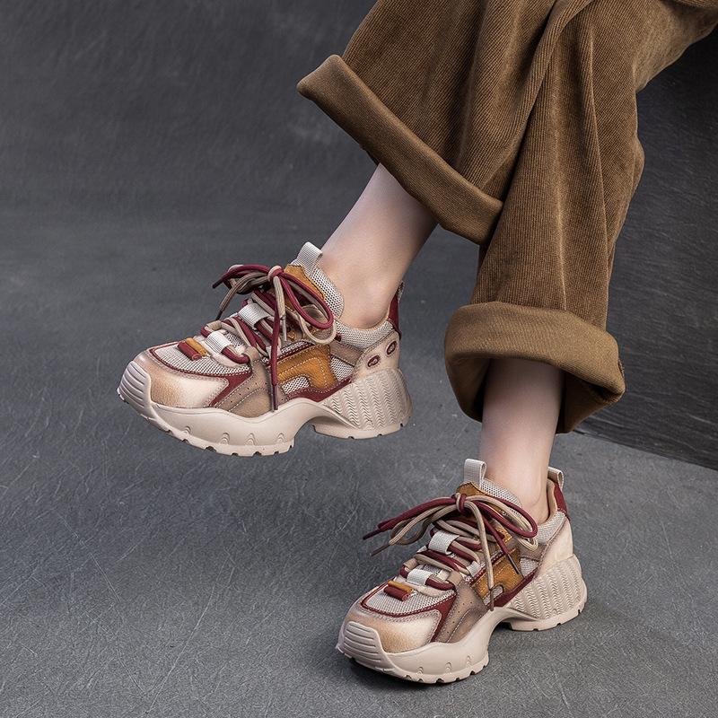 Fashion 4cm Air Mesh Genuine Leather Comfy Summer Hollow Ankle Boots Mixed Color Chunky Sneaker Women Vulcanize Fashion Shoes