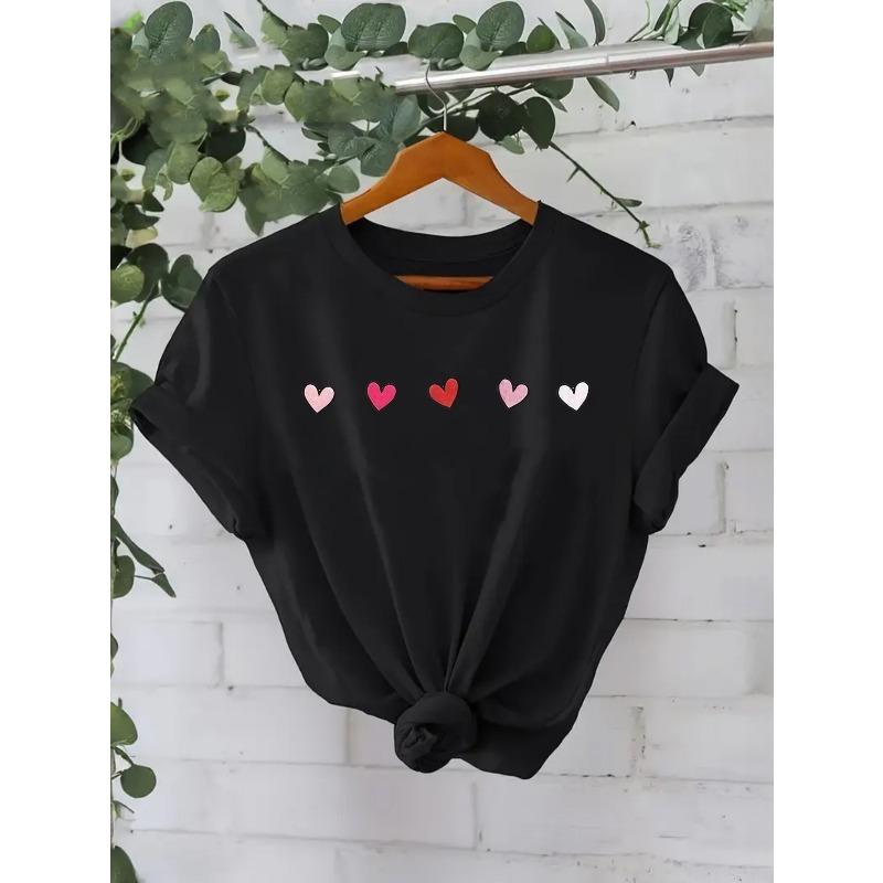 Valentine S Day Women S Casual Short-Sleeve T-Shirt with A Red Heart Pattern - A Perfect Choice for Spring and Summer, Ideal for Valentine S Gifts S чёрный