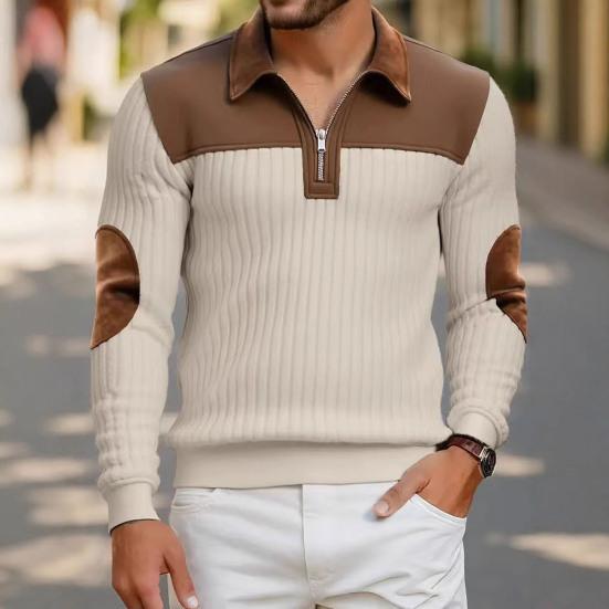 Herr Quarter Zip Tröja Långärmad Nedvikbar Krage Pullover Färgblock Jacquard Sweatshirt med Armbågslappar för Street Daglig Användning