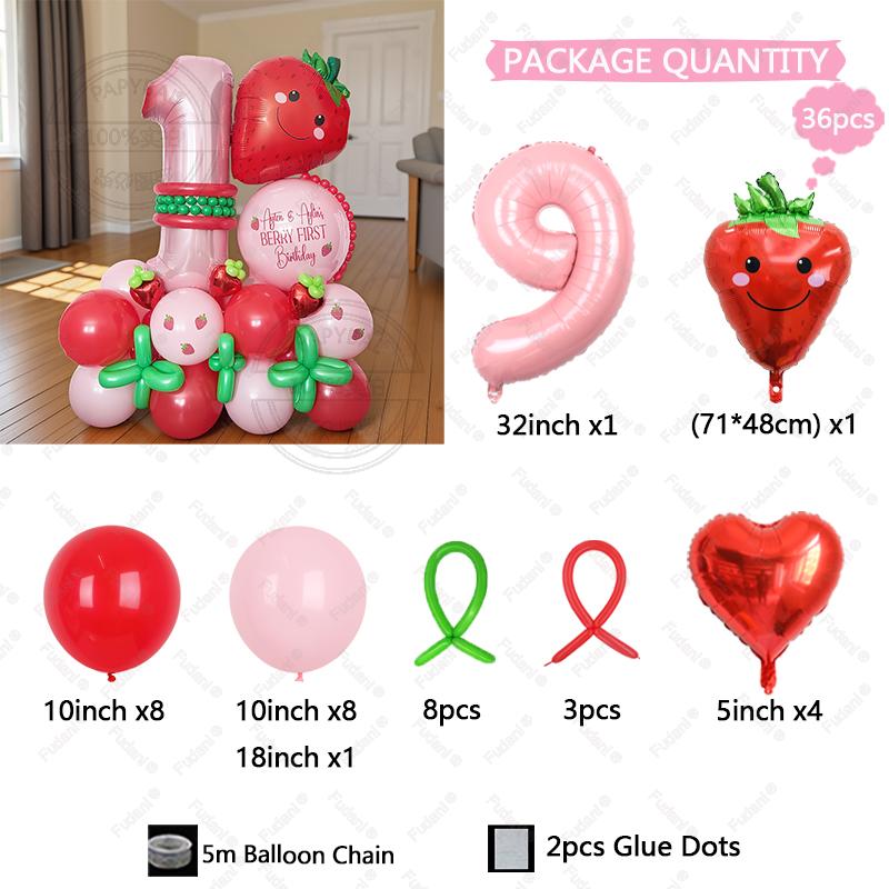 36pcs Smiling Strawberry Balloon Pink Number Birthday Balloon Set Fruit Theme Children's Party Decoration Festival Supplies